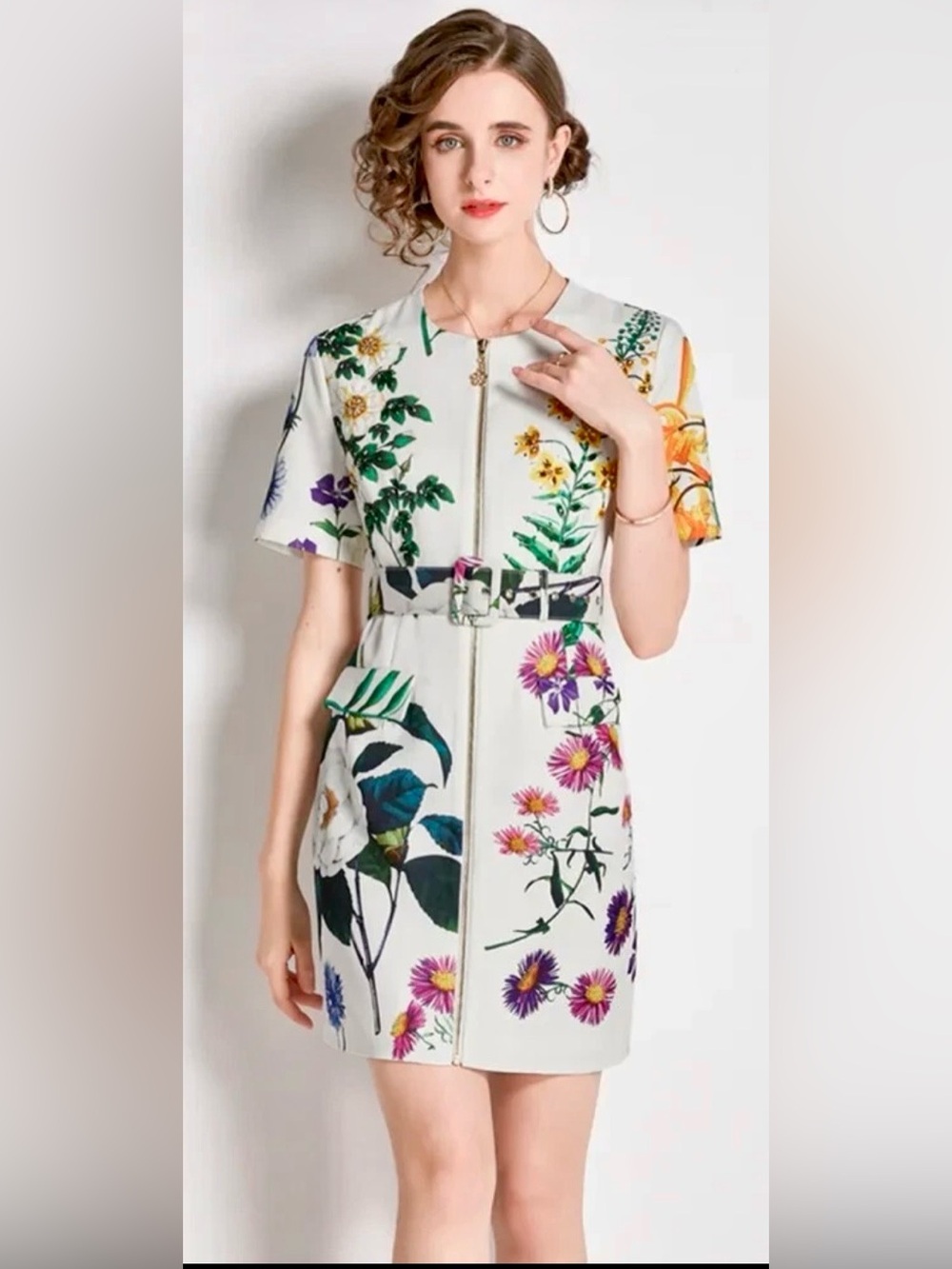 High-quality beading flower leaves print runway White Floral Zip  Mini Dress